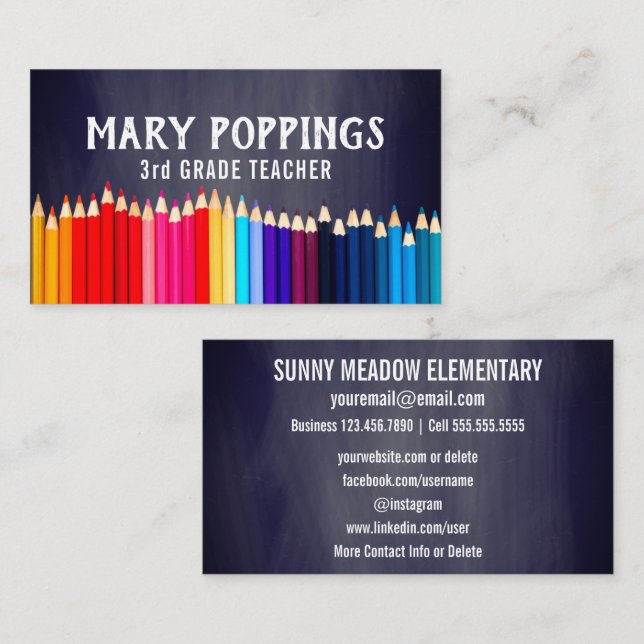 Social Media | Pencils Chalkboard Teacher Business Card (Front/Back)