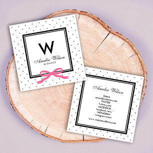 Social Media Polka Dot Pink Ribbon Monogram Square Business Card