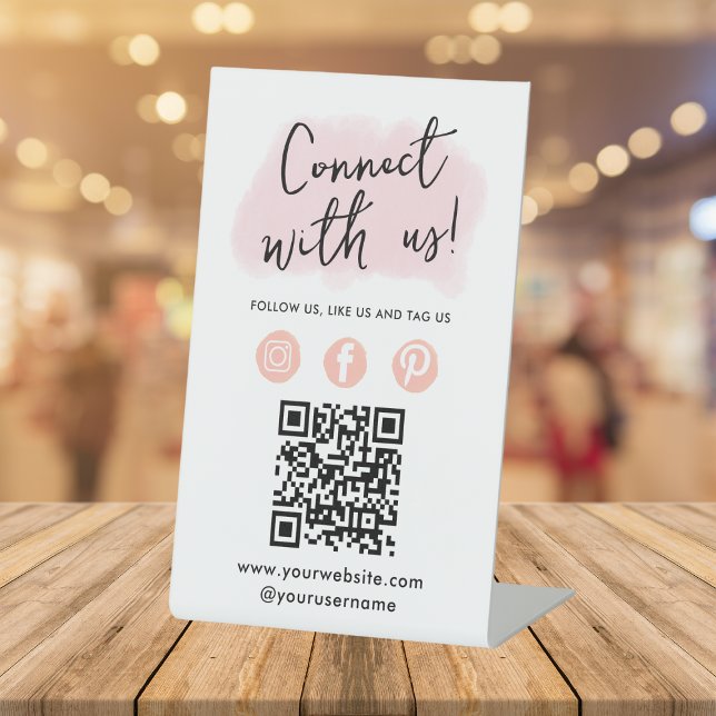 Social Media QR Code Connect With Us Modern Pink Pedestal Sign (Creator Uploaded)