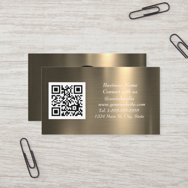 Social media QR Code Copper Gold Metallic  Business Card (Front/Back In Situ)