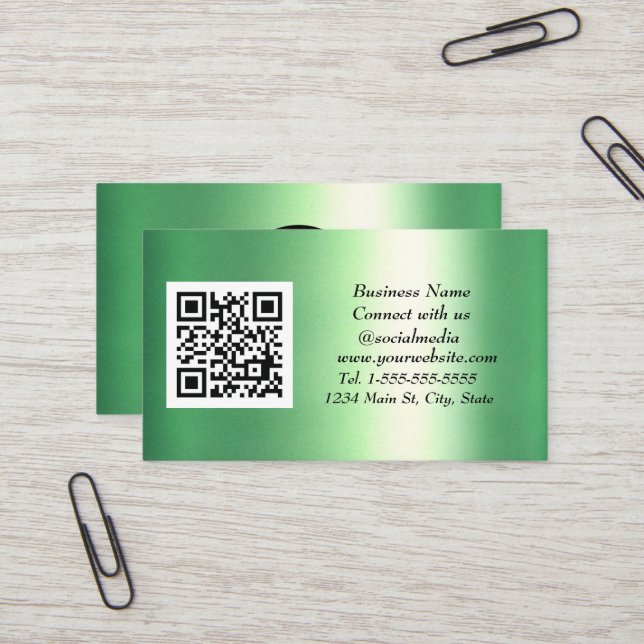 Social media QR Code Emerald Green Metallic  Business Card (Front/Back In Situ)