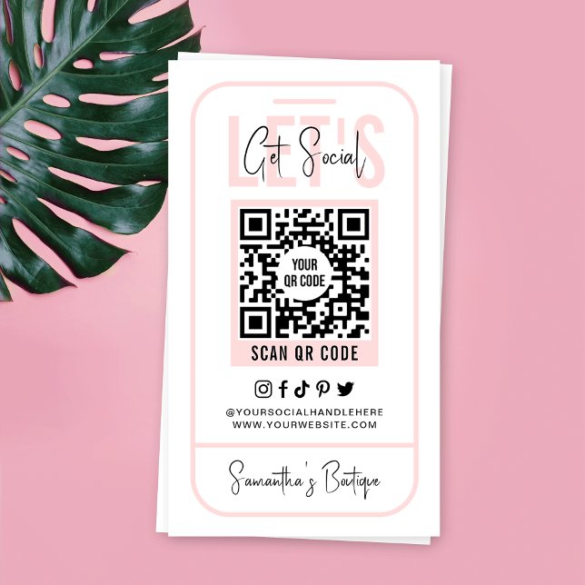 Social Media QR Code Feminine Pink Modern Business Card (Trendy QR code business cards in blush pink and white with phone outline design and editable text)