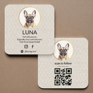  Social Media QR Code Gold Dog Pet Linen Photo  Square Business Card
