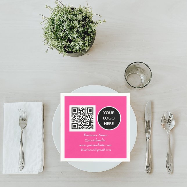Social media QR Code Hot Pink Modern Business Logo Napkin (Creator Uploaded)