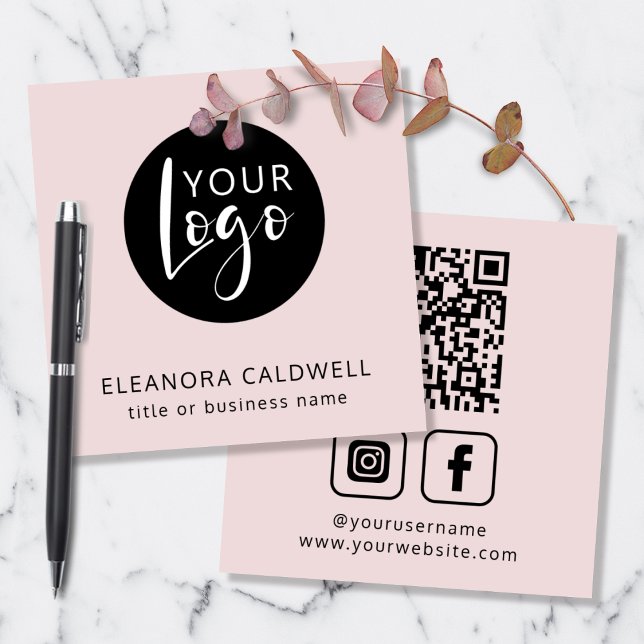 Social Media QR Code Logo Blush Pink Square Business Card (Your Logo QR Code Social Media Blush Pink Square Business Card)