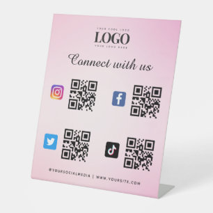 Social Media Qr Code Logo Twitter Facebook Pink Pedestal Sign