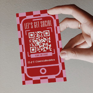 Social Media QR Code Retro Groovy Red & Pink Business Card