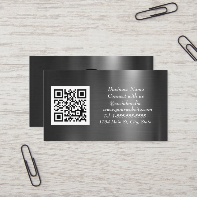 Social media QR Code Scannable Black Metallic  Business Card (Front/Back In Situ)