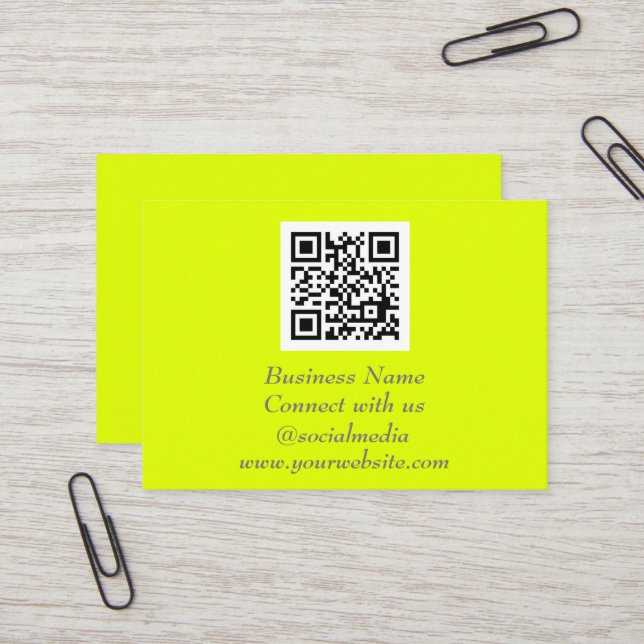 Social media QR Code Scannable Fluorescent Yellow Business Card (Front/Back In Situ)