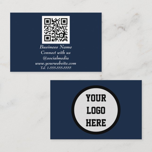 Social media QR Code Scannable Navy Blue Business Card (Front/Back)