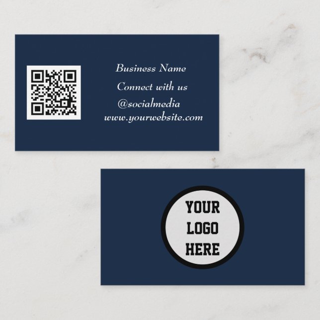 Social media QR Code Scannable Navy Blue Business Card (Front/Back)