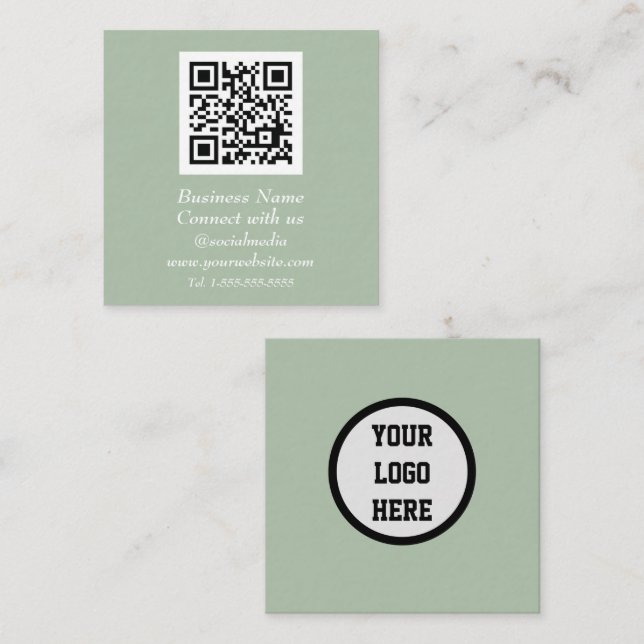 Social media QR Code Scannable Sage Green Square Business Card (Front/Back)