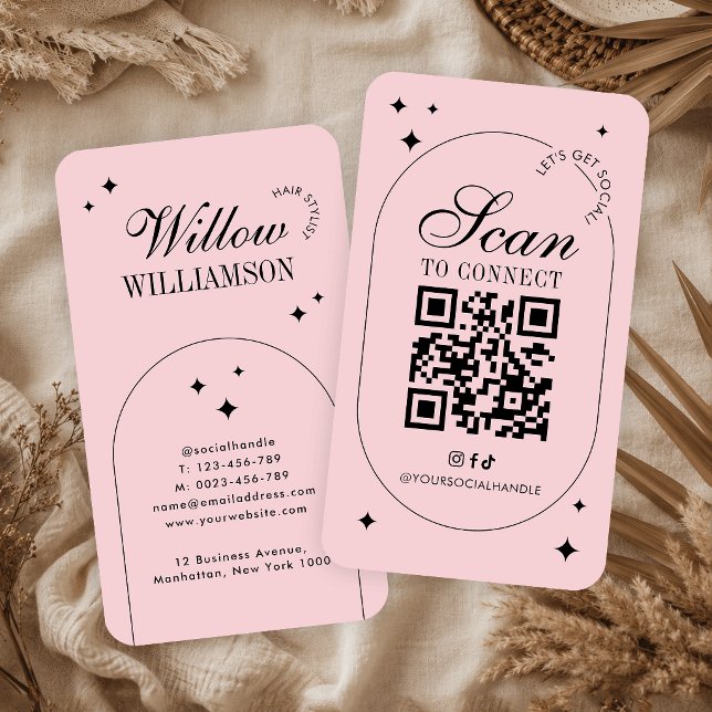 Social Media QR Code Trendy Pink Vintage Script Business Card (Creator Uploaded)