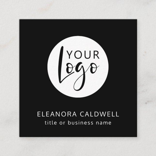 Social Media QR Code Your Logo Black Square Business Card (Front)