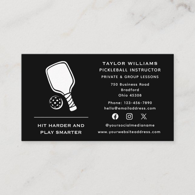 Social Media Racket Pickleball Coach Instructor Business Card (Front)