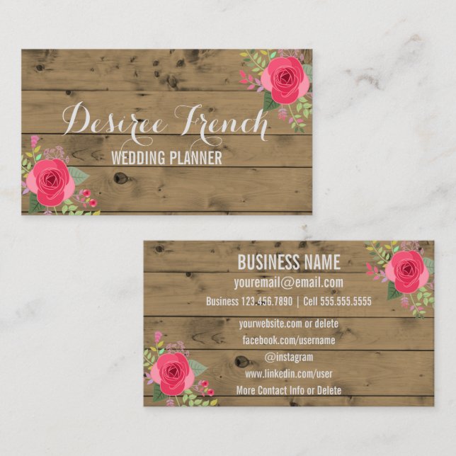 Social Media | Rustic Wood Floral Wedding Planner Business Card (Front/Back)