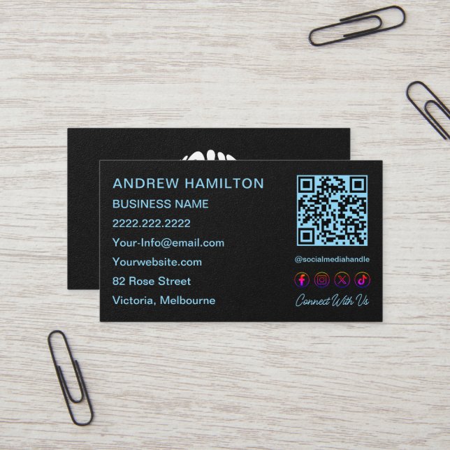 Social Media Scannable QR Code Logo Custom Black Business Card (Front/Back In Situ)