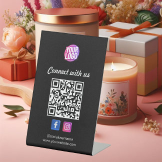 Social Media with QR Code Black Business Card Pedestal Sign