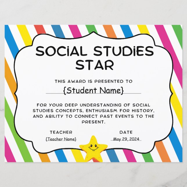 Social Studies Star Student Recognition Award (Front)