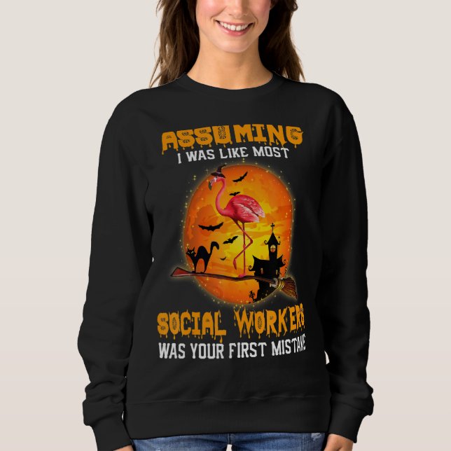 Social Worker Flamingo Witch Riding Broom Hallowee Sweatshirt (Front)