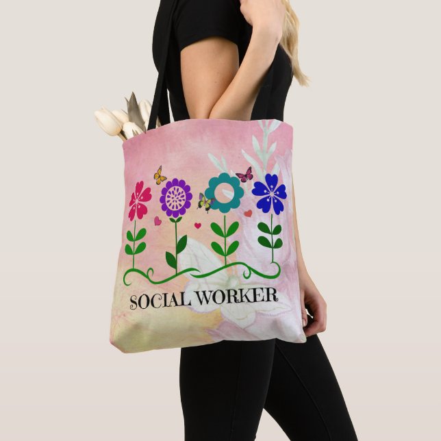 Social Worker, Graphic Flowers Design Tote Bag (Close Up)