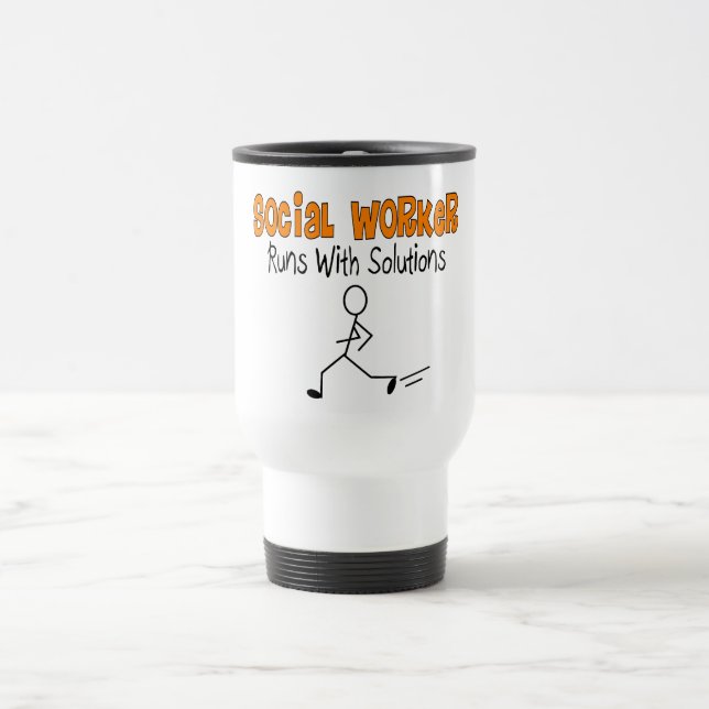 Social Worker "Runs with Solutions" Funny Gifts Travel Mug (Center)