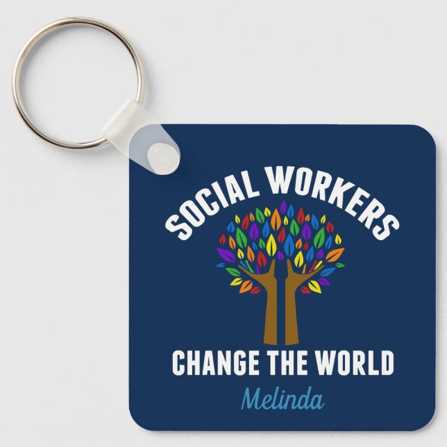 Social Workers Change the World Personalised Blue  Key Ring (Front)