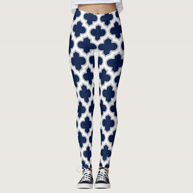 Socialite Moroccan Lattice White Grey Pattern Leggings (Front)