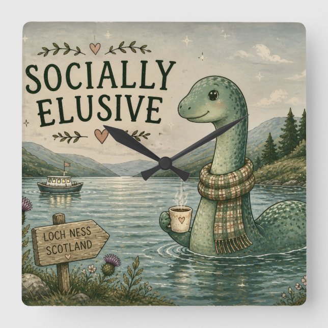 Socially Elusive Nessie Cosy Cryptid Loch Ness  Square Wall Clock (Front)