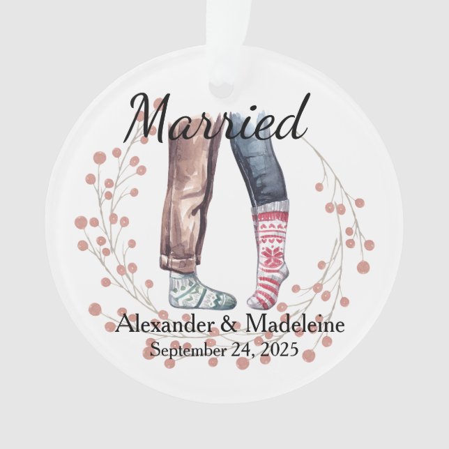 Sock Couple Celebrates "Married" Acrylic Ornament (Front)