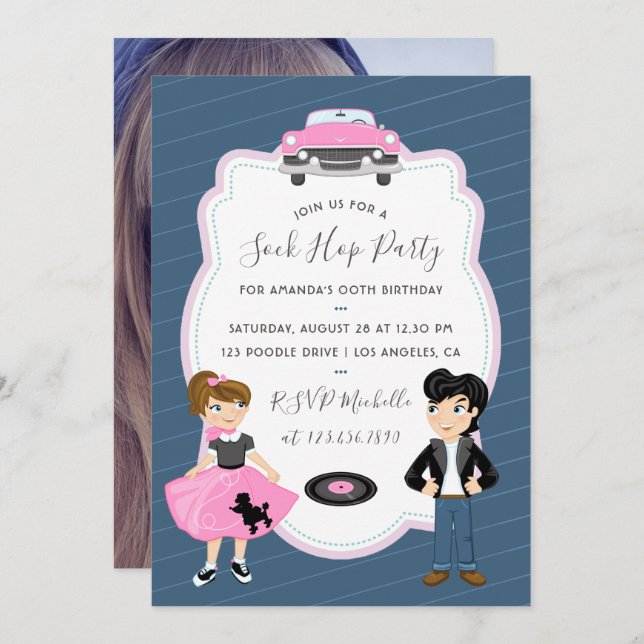 Sock Hop Kids Rock and Roll Retro Party photo Invitation (Front/Back)