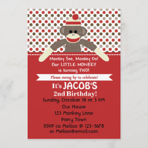 Sock Monkey 2nd Birthday Party invite - customise
