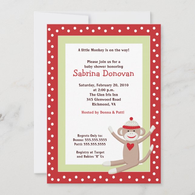 Sock Monkey 5x7 Baby Shower Invitation (Red) (Front)