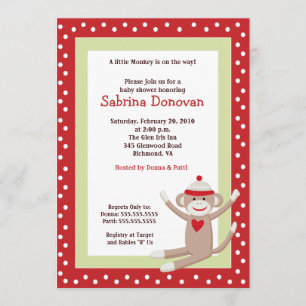 Sock Monkey 5x7 Baby Shower Invitation (Red)