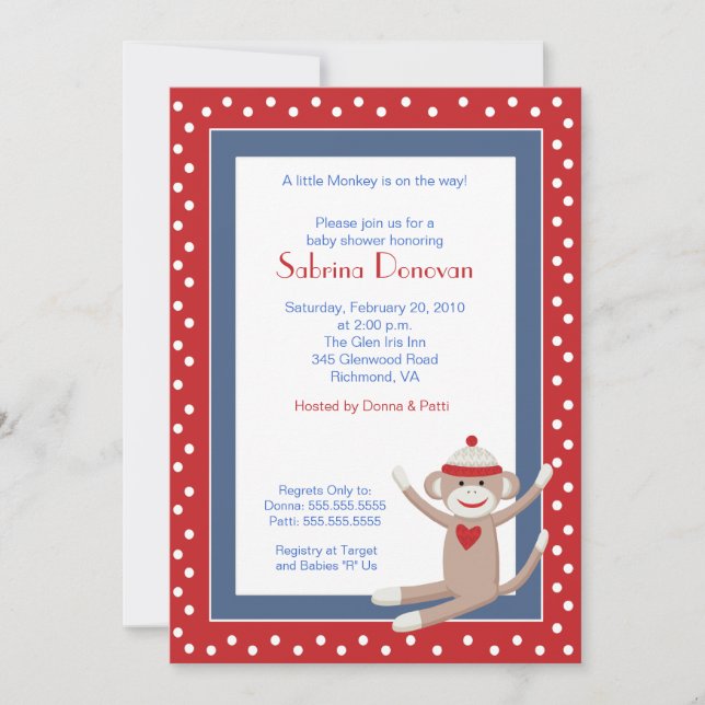 Sock Monkey 5x7 Baby Shower Invitation (Red/Denim) (Front)