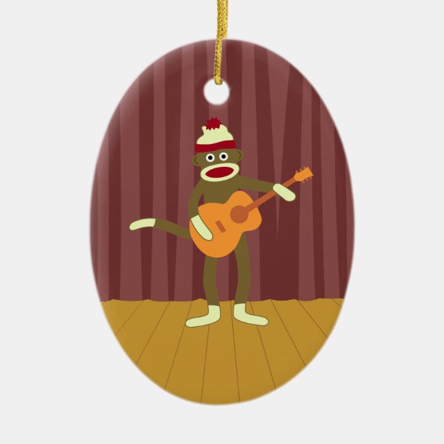 Sock Monkey Acoustic Guitar Ceramic Tree Decoration (Front)