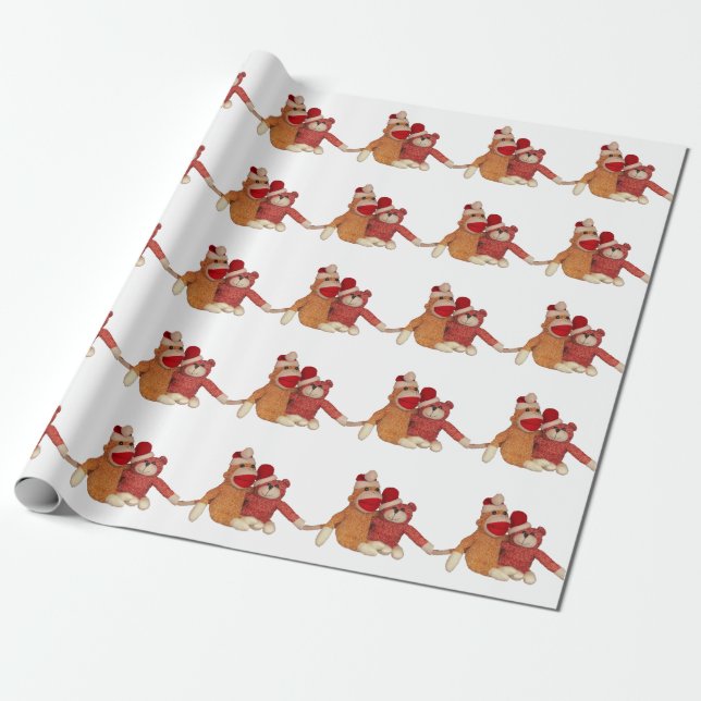 Sock Monkey and Bear in Santa Hats Wrapping Paper (Unrolled)