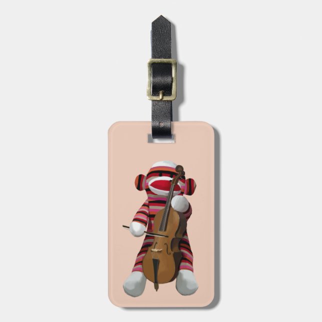 Sock Monkey and Cello 2 Luggage Tag (Front Vertical)