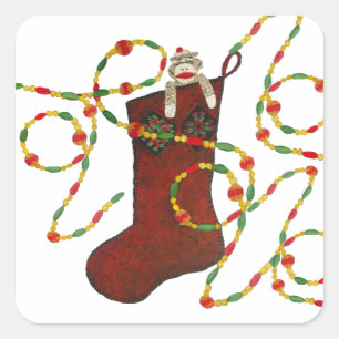 Sock Monkey and garland Christmas Stocking Sticker