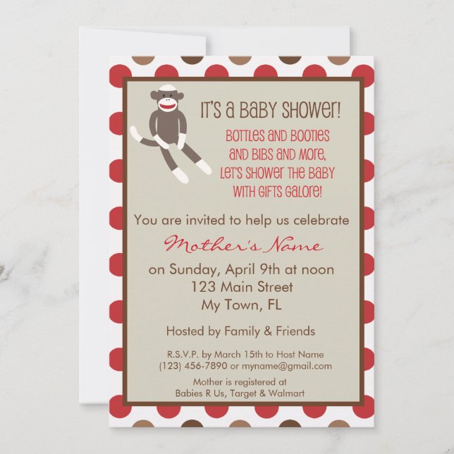 Sock Monkey Baby Shower Invitation (Front)