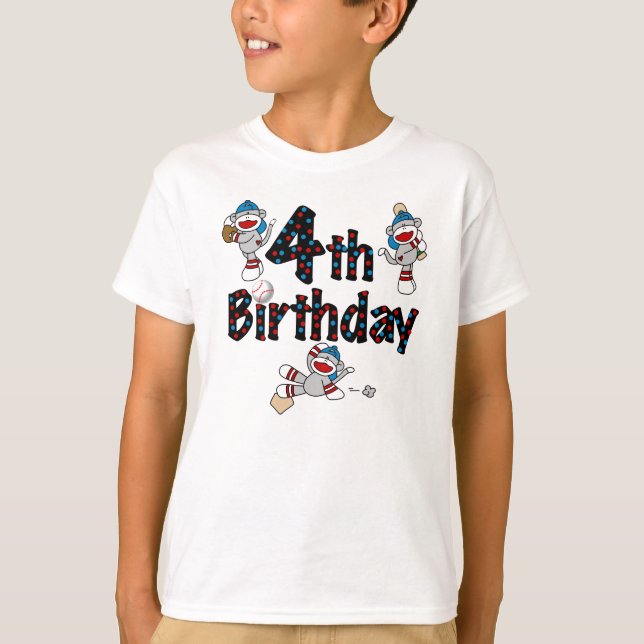 Sock Monkey Baseball 4th Birthday T-Shirt (Front)