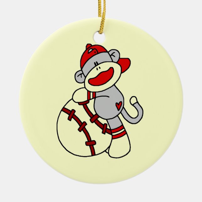 Sock Monkey Baseball T-shirts and Gifts Ceramic Tree Decoration (Front)