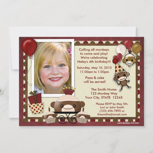 Sock Monkey Birthday Invitation ADORABLE (photo) (Front)