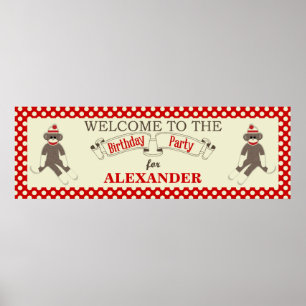 Sock Monkey Birthday party banner personalise Poster