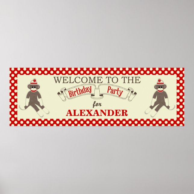 Sock Monkey Birthday party banner personalise Poster (Front)