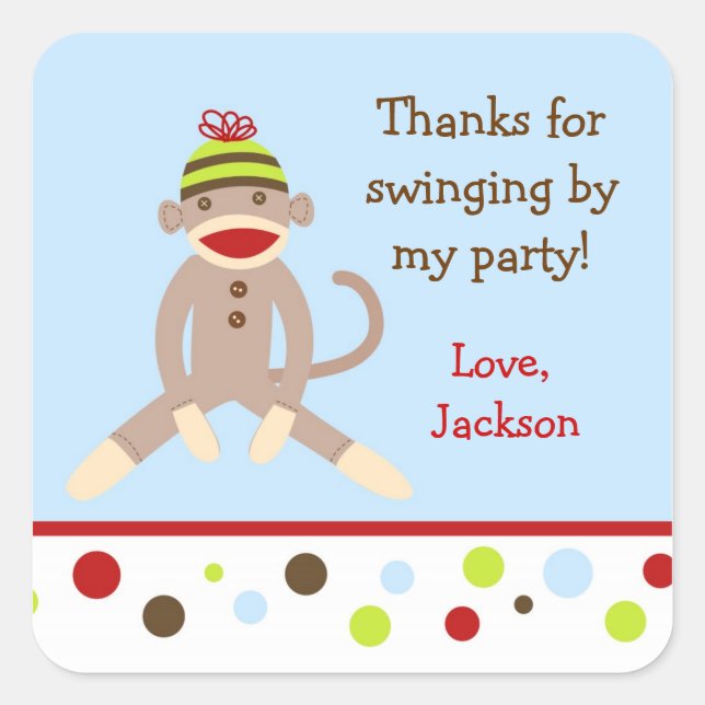 Sock Monkey Birthday Party Favour Stickers labels (Front)