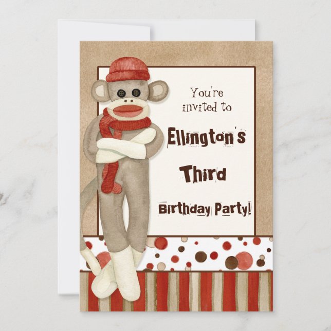 Sock Monkey, Birthday Party Invitation (Front)