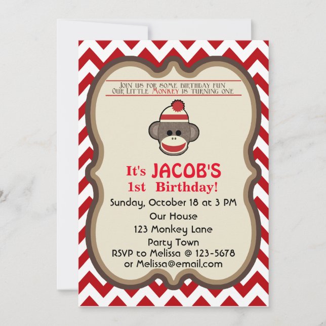 Sock Monkey Birthday Party invitation - customise (Front)