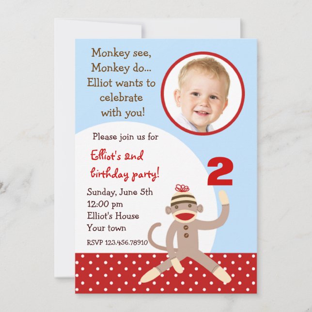 Sock Monkey Birthday Party Invitations (Front)
