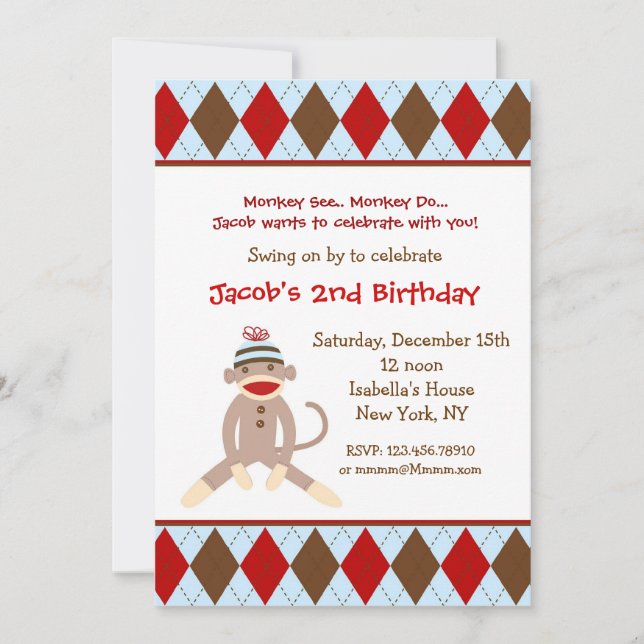 Sock Monkey Birthday Party Invitations (Front)